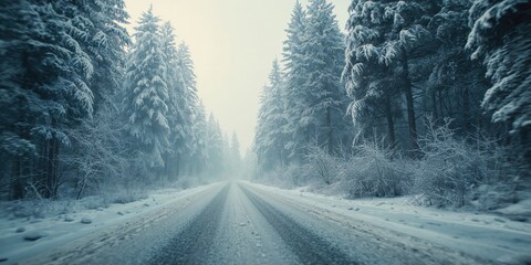 Obraz premium Frosty winter scene with an iced road flanked by snow-laden fir trees, suitable for road maintenance review