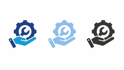 Professional support service concept showing a hand offering a wrench inside a gear across three color variations
