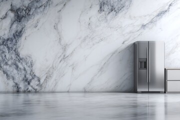 Modern kitchen interior with sleek stainless steel refrigerator against a marble wall.