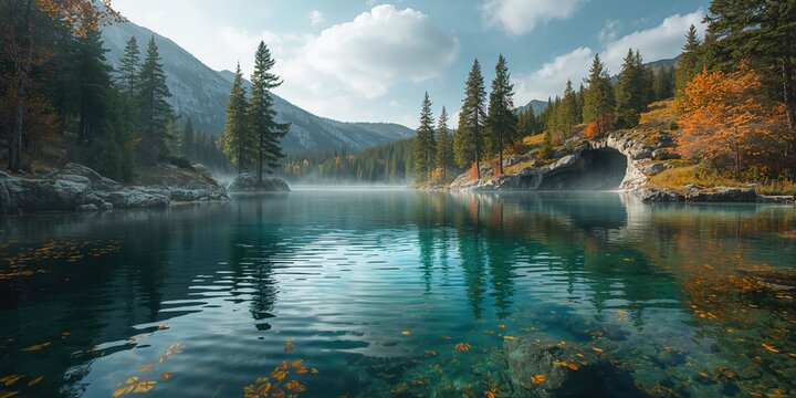 Lush forest with reflecting water in a cave setting during autumn, environmental preservation