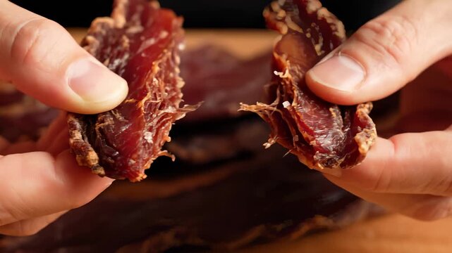 Hands Tearing Apart a Piece of Beef Jerky Close Up