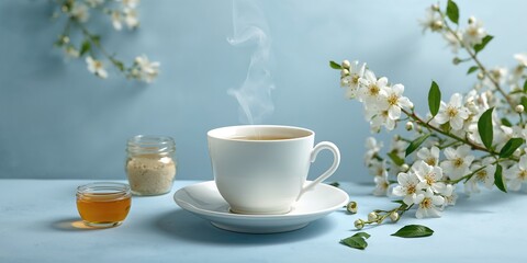 Fototapeta premium Cup of linden tea on blue background, suitable for text and layout design