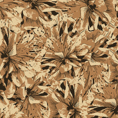 Sepia grunge floral pattern with halftone texture. Vintage style floral background. Hand-drawn abstract hibiscus flowers in sepia tones with distressed grunge and halftone textures.