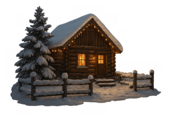 Cozy log cabin illuminated for christmas, surrounded by snow and winter forest, isolated on transparent background