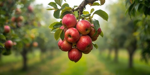 Obraz premium Apples on a tree branch in a orchard, seasonal harvest timing