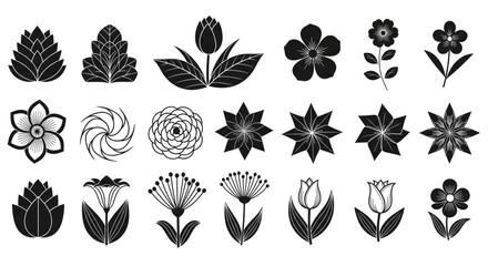 Black Silhouette Floral Vector Icons Set for Garden Design Wedding Invitations Branding Projects