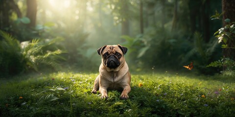 Fototapeta premium A pug lioness resting in the woods, relaxation and natural setting