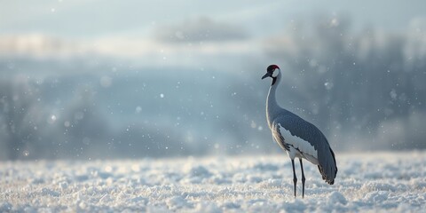 Fototapeta premium Common crane perched in a lush landscape, highlighting wetland preservation efforts