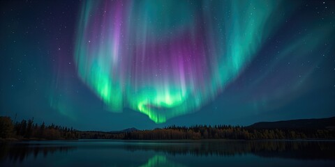 Naklejka premium Autumn night sky illuminated by Aurora Borealis, suitable for nature-themed layouts and environmental visuals