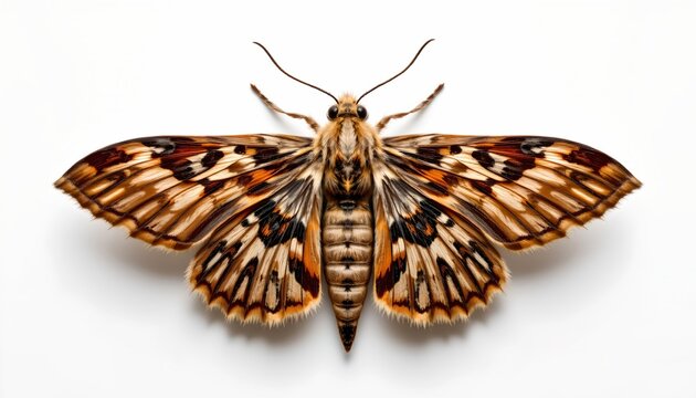 A moth like insect with intricate patterns of brown and white markings on its wings, set against a white background.