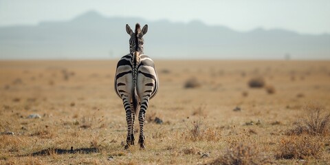Obraz premium Zebra with its back turned in the savannah, illustrating wildlife observation and conservation efforts