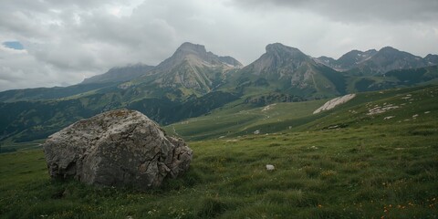 Naklejka premium Dull summer day in Dagestan, featuring grey rock formations, lush green meadow, and white clouds over dark Caucasian mountain ridge