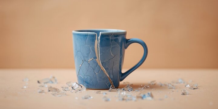 Broken ceramic cup with misaligned pieces, serving as a background for text layout or design elements