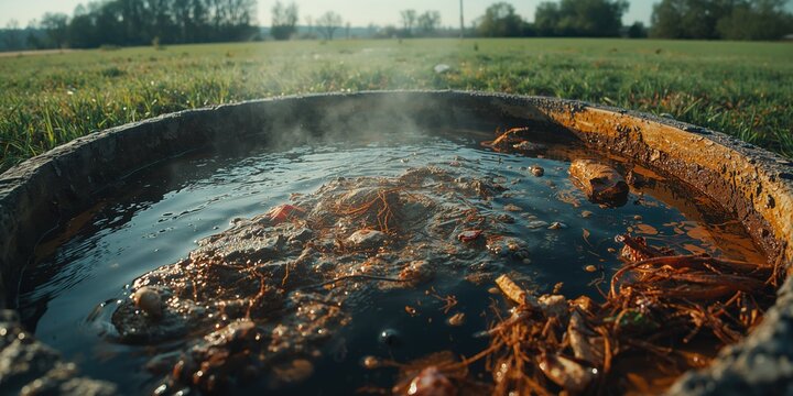 Septic tank filled with polluted water and waste, highlighting sanitation system maintenance