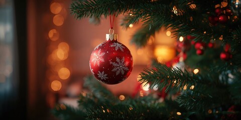 Festive ornament suspended on a Christmas tree branch, holiday decor for festive occasions