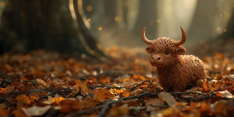 Obraz premium Horned clay Highland cow sculpture placed among woodland foliage, highlighting craftsmanship and rustic environment