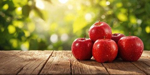 Fresh apples on outdoor setting in summer, suitable for agricultural or fruit market themes