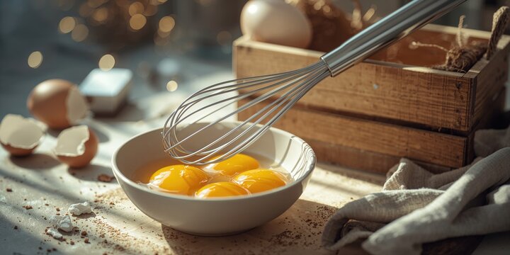 Baking ingredients in a bowl with a whisk for pastry making, emphasizing kitchen tools, National Pastry Day - Powered by Adobe