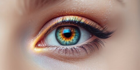 Obraz premium Iridescent eye with reflective surface, used as a background for text and layout, visual impact