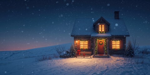 Illustration of a vintage house in winter with festive Christmas decorations on the front door and window, seasonal celebration