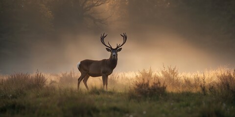 Fototapeta premium Red deer close-up at dawn in the UK, wildlife observation and natural lighting