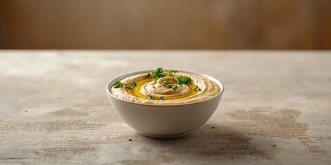 Chickpeas hummus with olive oil and parsley, as a fiber-dense snack option for nutritious meals