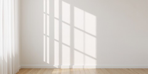 Light and shadows cast by curtains on a white wall, creating a calming background for text or design, ideal for editorial layouts