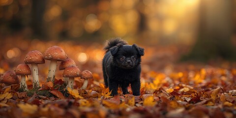Obraz premium Dog in a park surrounded by mushrooms, highlighting forest habitat, outdoor activity, pet presence
