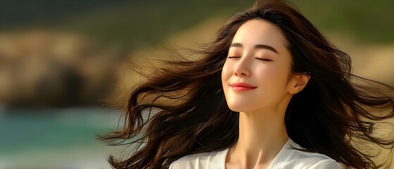 Woman enjoyment the wind and breathing air with breathing, air, rock, woman, meditating, beach, wind