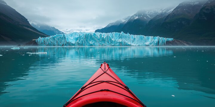 Kayak navigating icy waters near calved icebergs in an alpine lake, highlighting outdoor adventure safety, World Environment Day