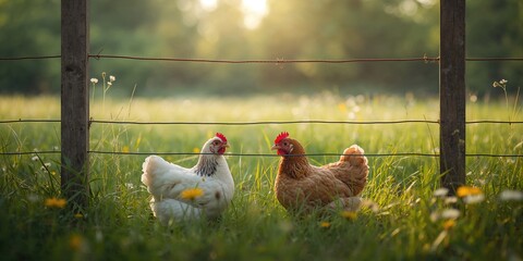 Organic hens in a sunlit outdoor space behind wire fencing, highlighting sustainable poultry rearing