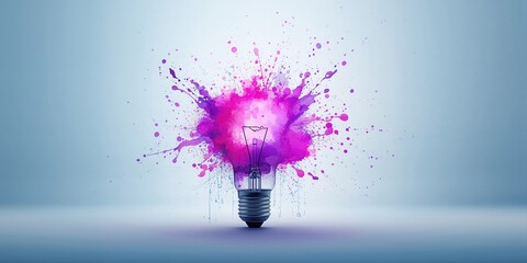 Colorful water color splash emanating from a light bulb on a pale blue backdrop, used as an artistic or creative background