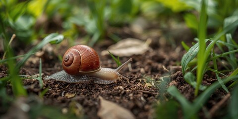 Close-up of a garden amber snail on the ground in the grass, natural habitat for conservation awareness