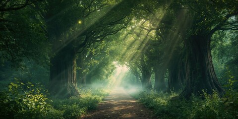 Obraz premium Green woodland tunnel scene used as a natural background for text or design projects, lush forest scenery