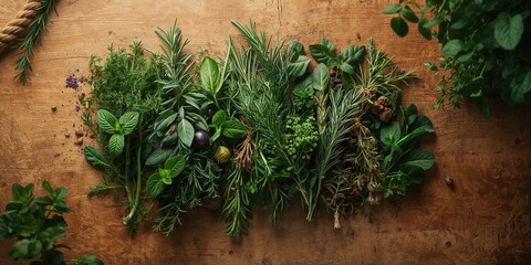 Fresh garden herbs and spices, intended for nutritious meals, viewed from an overhead angle