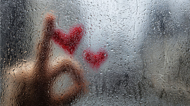 A romantic gesture of drawing two hearts on a misty window with a hand