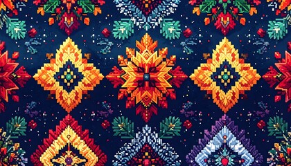 Elaborate digital art mosaic of festive floral ornaments repeating in rows against a navy background