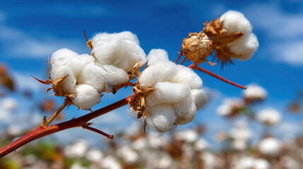 Fresh cotton bolls against blue sky agriculture harvest natural textile fiber background