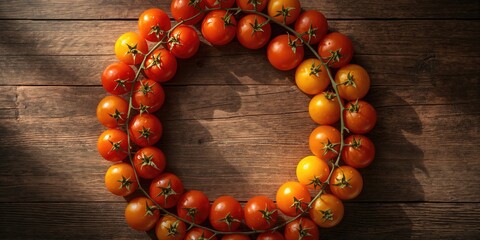Vivid cherry tomatoes in a circular pattern on rustic wood, highlighting natural food presentation