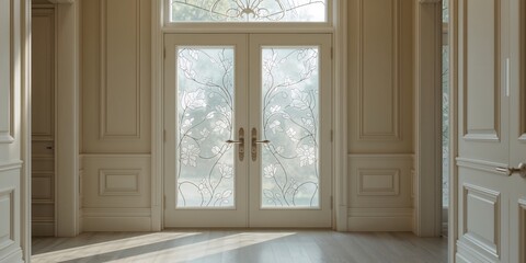 Fototapeta premium Decorative frosted glass panels with intricate floral designs installed at a home entrance, emphasizing privacy and aesthetic appeal
