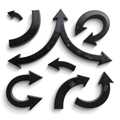 Glossy black arrows point in various directions, some curved, all with subtle distressed texture, casting soft shadows on white