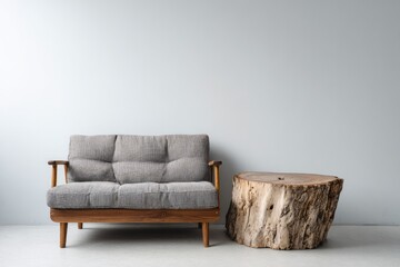 Gray tufted sofa beside a rustic tree stump table on light floor.