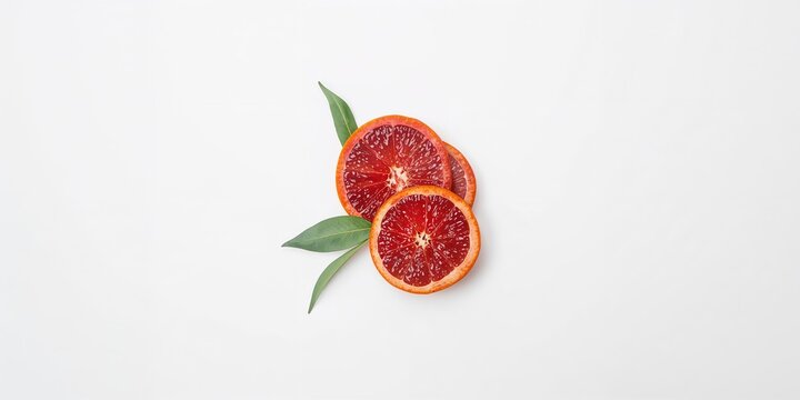 Top-down view of blood red orange slices on white surface for editorial use, highlighting bold color palette