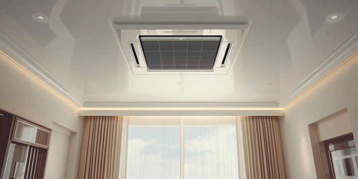 Ceiling-mounted FCU and return air grill in hotel room, HVAC system for climate control, World Environment Day
