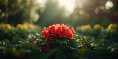 Red begonias in full bloom with lush green foliage, ideal for floral display backgrounds