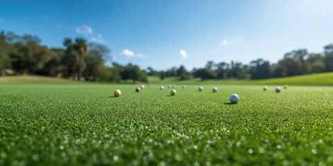 Artificial turf golf course with vibrant green grass and colorful balls, suitable for sports training sessions