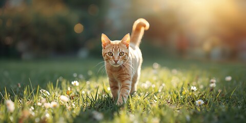 Tabby ginger cat walking, attentive look at camera, daytime setting, pet behavior