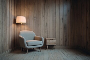 Cozy armchair with lamp and side table in a wood-paneled room.