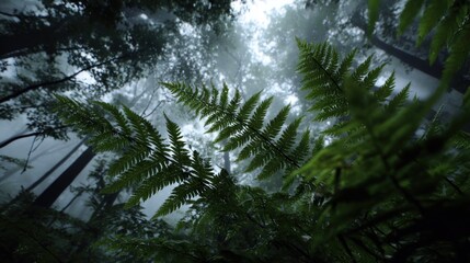 Low angle view of fern leaves in misty forest, tree trunks blurred in background