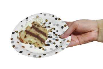 Isolated image of a hand holding a plastic plate with a piece of cake